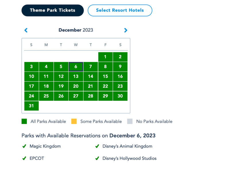 Disney Park Pass Reservations calendar