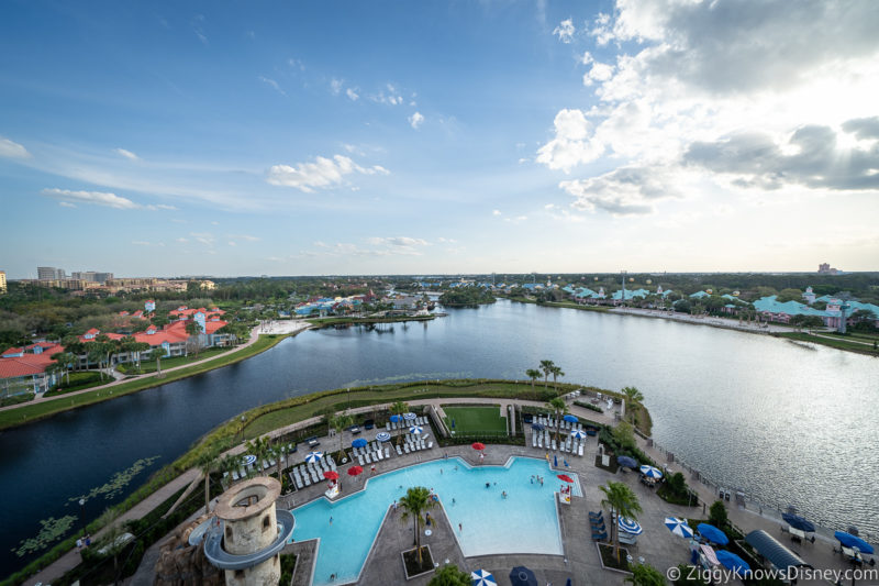 terrace Disney's Riviera Resort overlooking lake and Caribbean Beach Resort