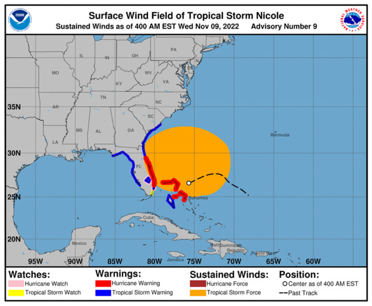Tropical Storm Nicole wind map