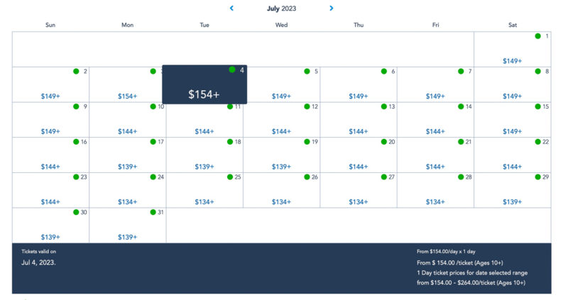 1-Day Park Ticket Calendar July 2023