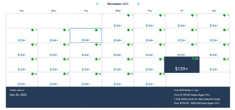 1-Day Park Ticket Calendar November 2023