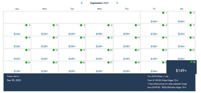 1-Day Park Ticket Calendar September 2023