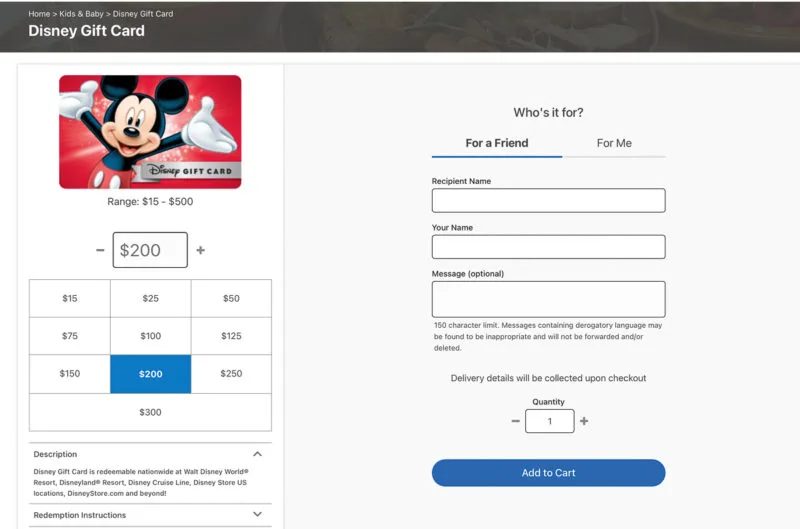 Disney Gift Card eGift - $250