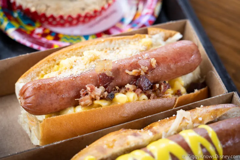 hot dog at Disney World with bacon and mac and cheese