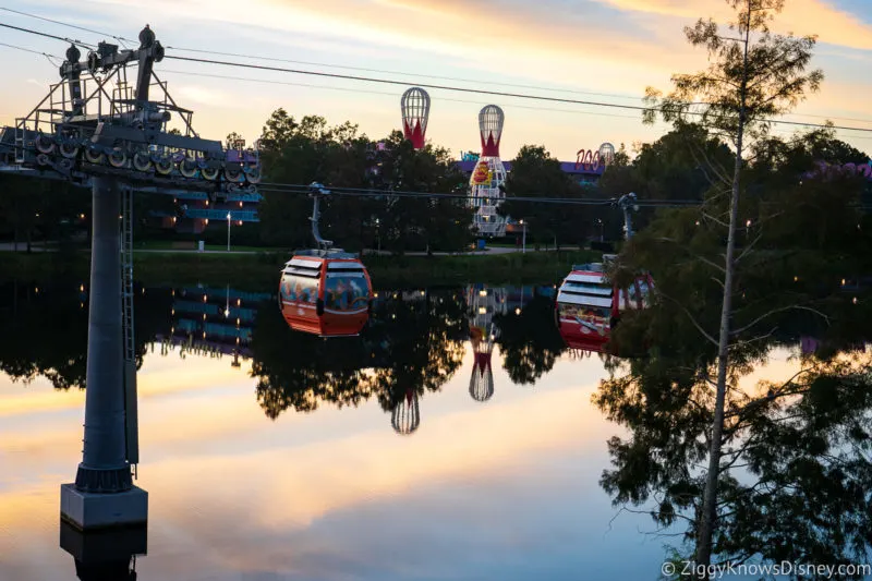 Disney Skyliner over the water at Disney's Art of Animation Resort