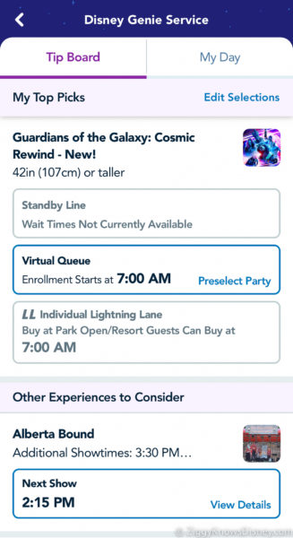 Tip Board in My Disney Experience for Cosmic Rewind