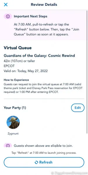 Making reservations for Cosmic Rewind Virtual Queue
