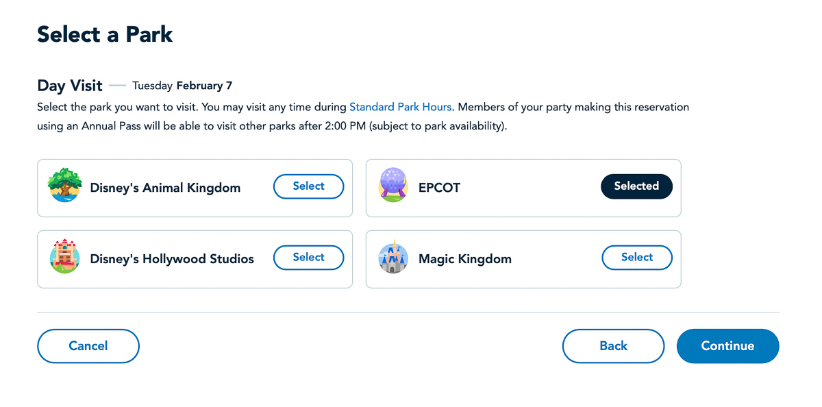 select a park for WDW park reservations