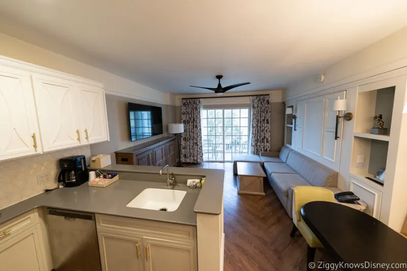 Disney's Saratoga Springs Resort 2 bedroom villa kitchen living room area
