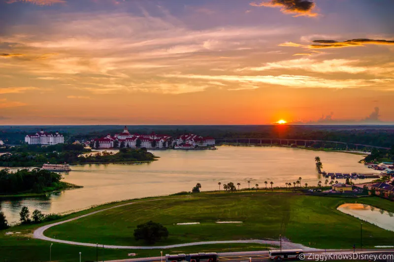 Disney's Grand Floridian Resort and Spa across seven seas lagoon at sunset