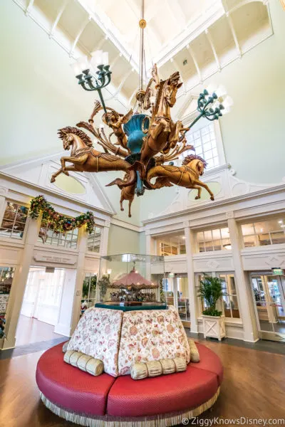 Disney's Boardwalk Inn flying horses and bench in the lobby