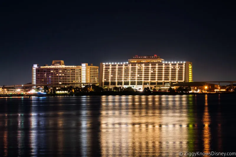 Disney's Contemporary Resort from across Seven Seas Lagoon at night