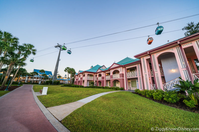 Disney Skyliner over Disney's Caribbean Beach Resort Guest Room Buildings