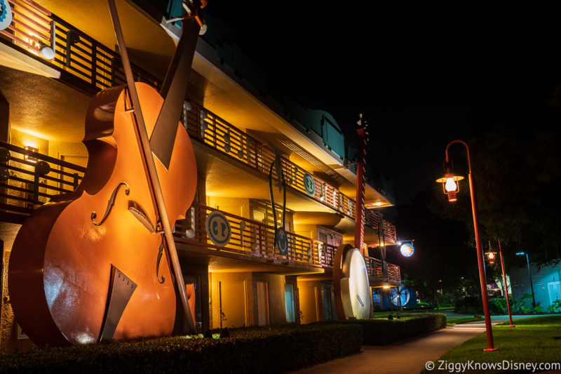 Giant Violins outside guest rooms at Disney's All-Star Music Resort