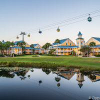 Disney Skyliner over Disney's Caribbean Beach Resort and lake