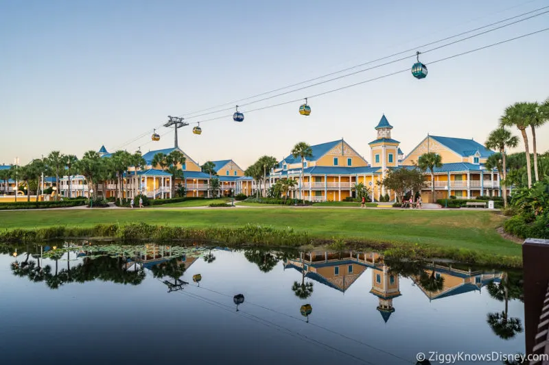Disney Skyliner over Disney's Caribbean Beach Resort and lake