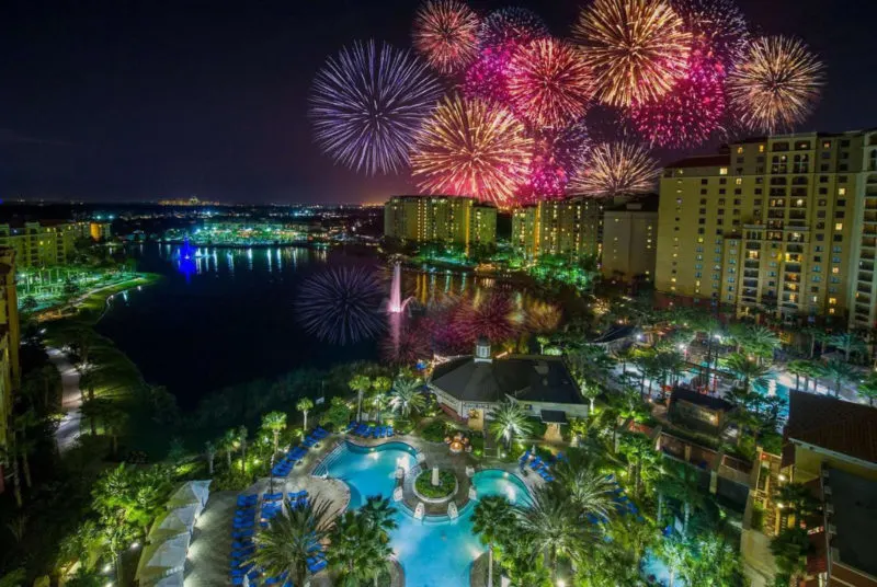 Fireworks over Wyndham Grand Orlando Bonnet Creek Resort hotel
