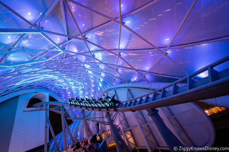TRON Lightcycle Run roller coaster at night
