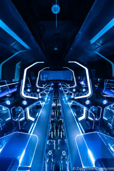 TRON Lightcycle Run attraction queue in the ride launch room