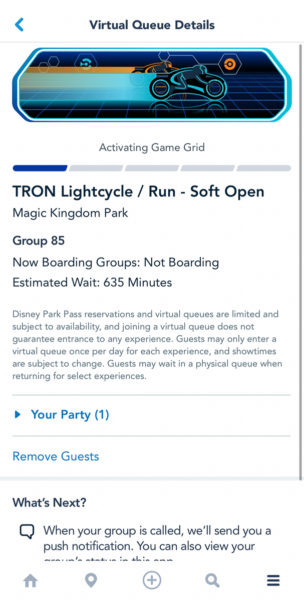 TRON Lightcycle Run Virtual Queue My Disney Experience Disney boarding group