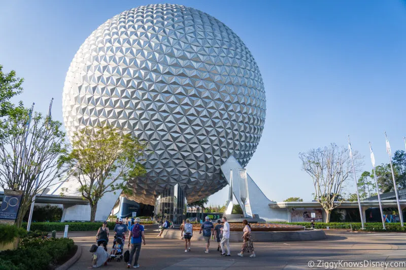 guests walking up to Spaceship Earth at EPCOT