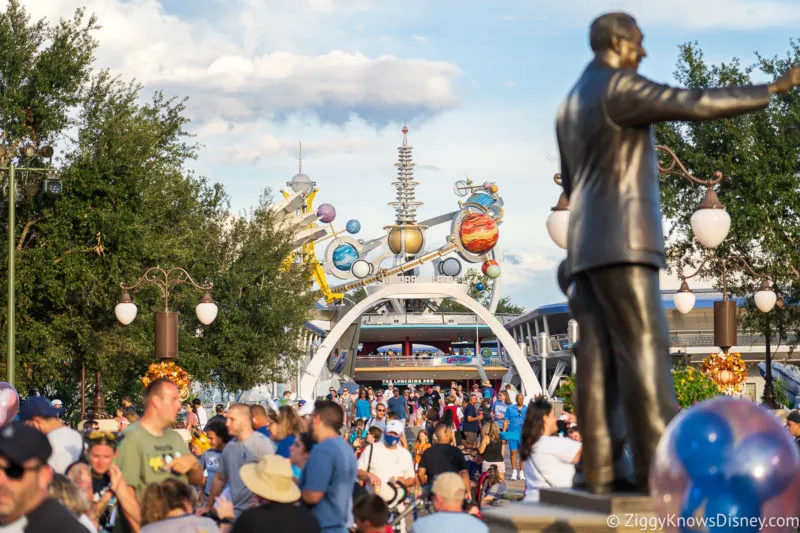 Looking from The Hub to Tomorrowland and Walt statue in Magic Kingdom