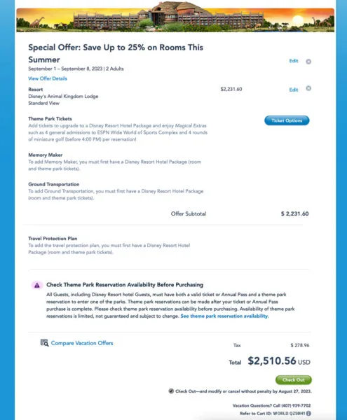 Walt Disney World example vacation price