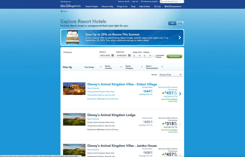 available Walt Disney World Resort hotels online