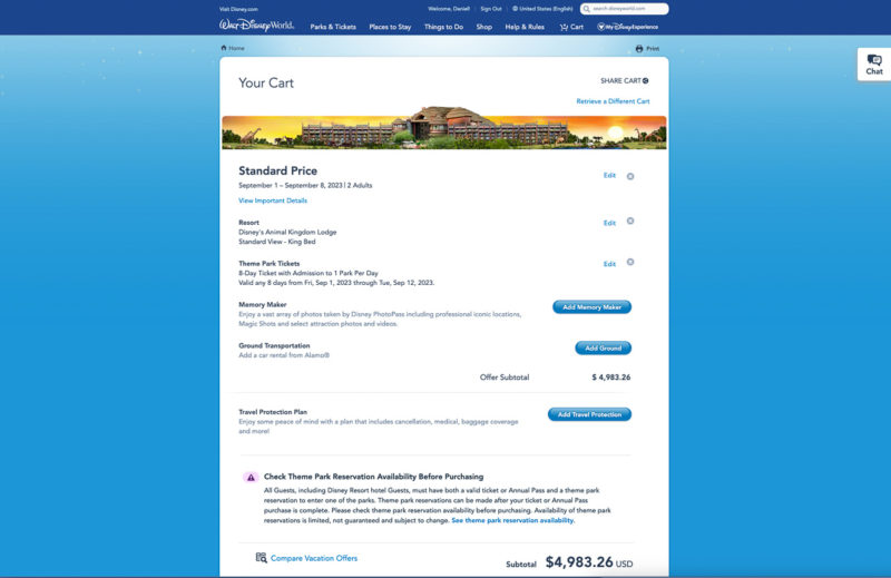 your cart online Walt Disney World vacation package