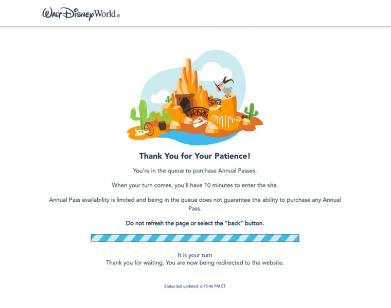 waiting in virtual queue for Disney World annual pass