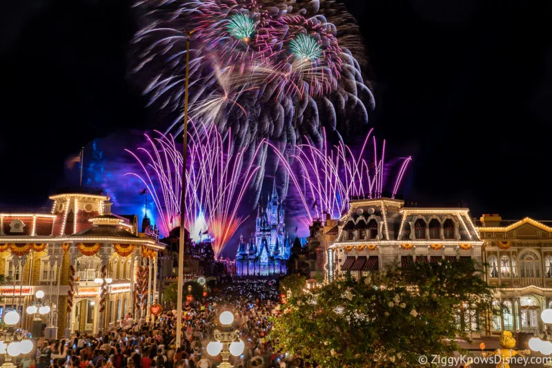 Happily Ever After Fireworks Magic Kingdom from Train Station on Main Street USA