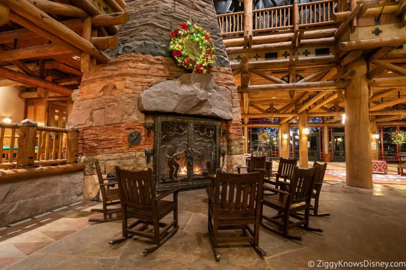 Wilderness Lodge Resort lobby chairs around the fireplace