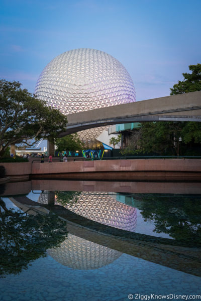 Spaceship Earth at EPCOT with reflection in water