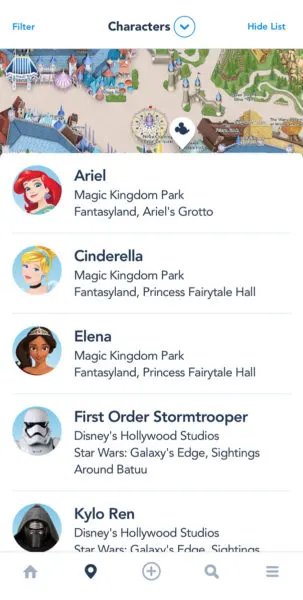 Finding characters in Disney World parks via the app