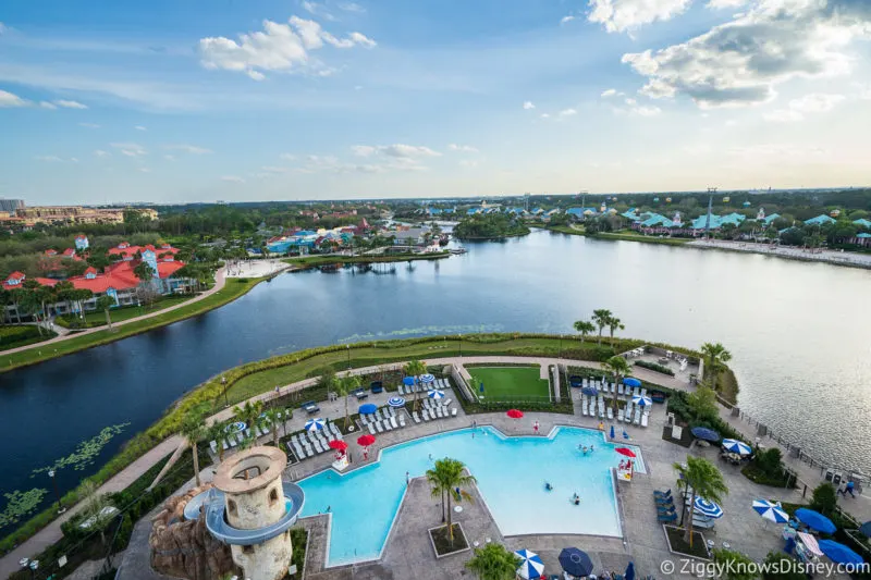 view from Riviera Resort rooftop of Disney's Caribbean Beach Resort pool