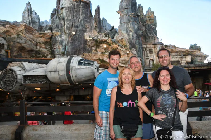 family photopass photo in front of Millennium Falcon Galaxy's Edge