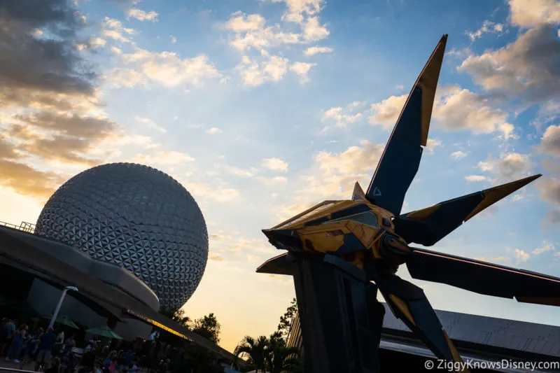 Guardians of the Galaxy: Cosmic Rewind ship with Spaceship Earth in the background at sunset