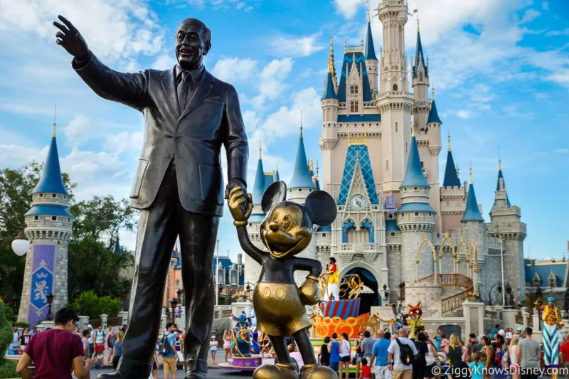 Walt Disney and Mickey Mouse Partners statue in front of Cinderella Castle Magic Kingdom