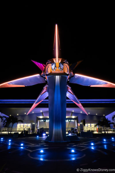 spaceship in front of Guardians of the Galaxy: Cosmic Rewind at night