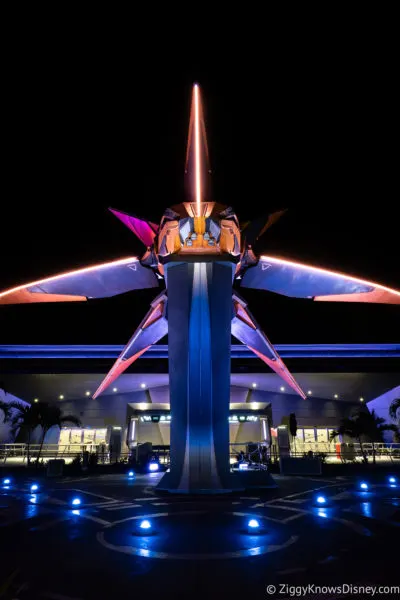 spaceship in front of Guardians of the Galaxy: Cosmic Rewind at night