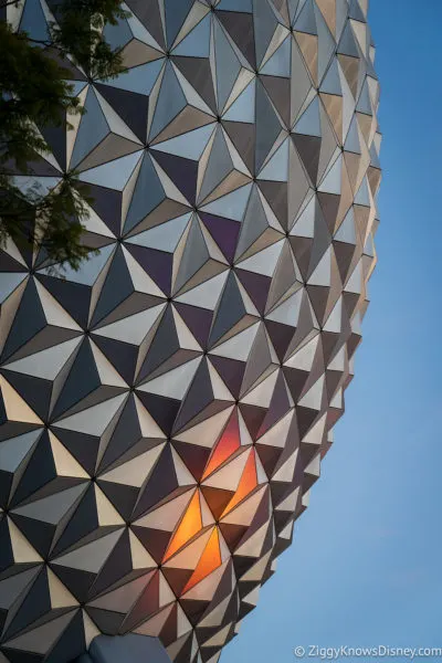 EPCOT's Spaceship Earth at sunset with light bouncing off the side