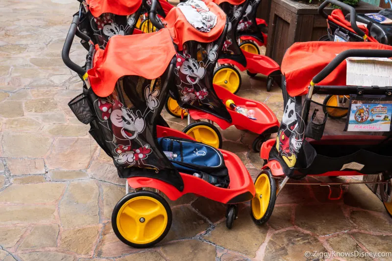 Mickey and Minnie Mouse Strollers parked at Disney World
