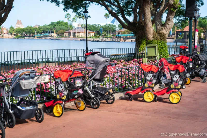 a row of strollers parked in EPCOT