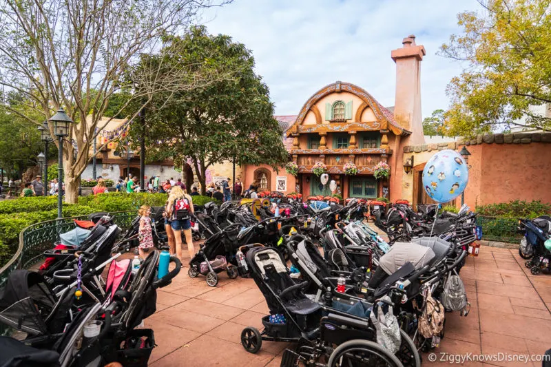 group of strollers parked in Fantasyland