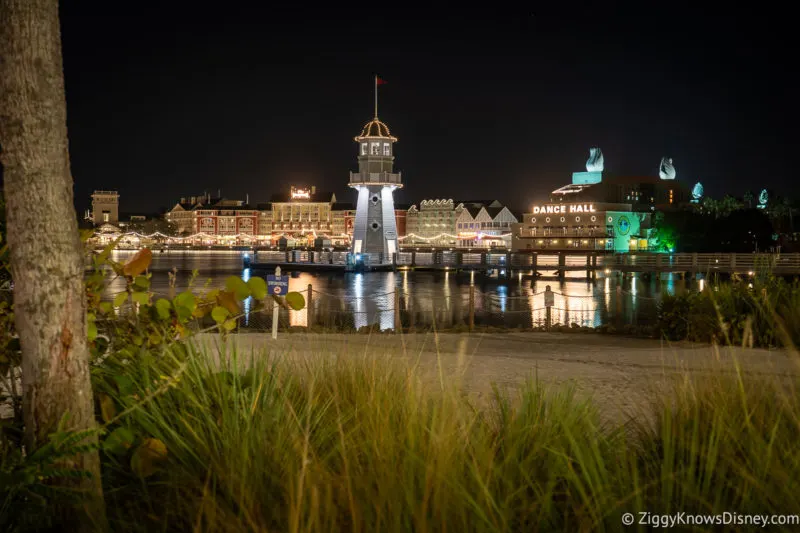 Disney's Yacht and Beach Club Resort lighthouse at night