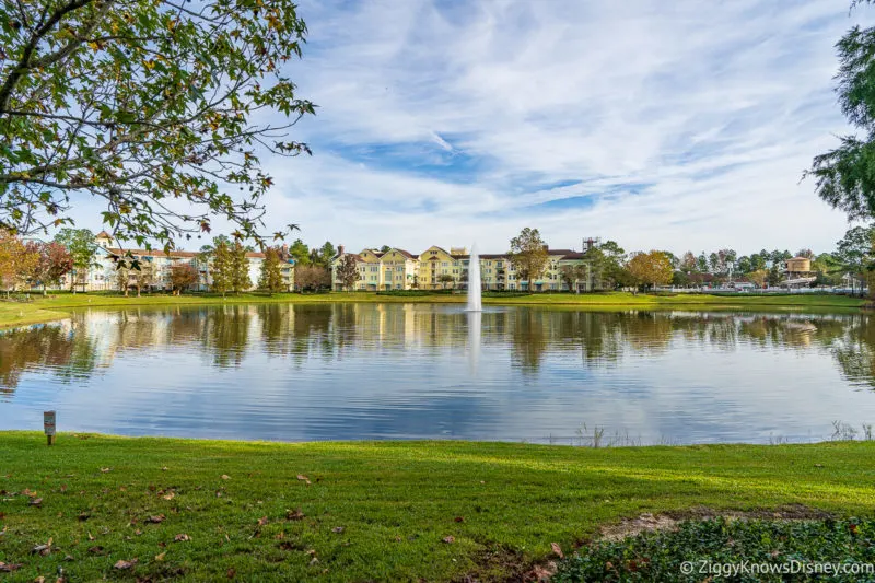 Disney's Saratoga Springs Resort lake with a fountain in the middle