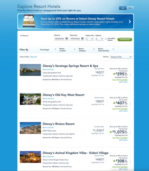 booking resorts on Disney's website prices