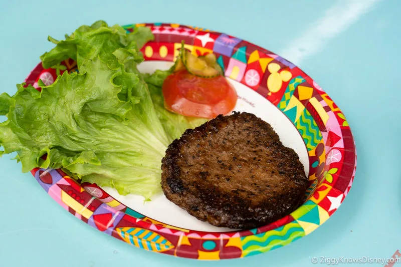 plain burger on a plate with lettuce and tomato and no bun