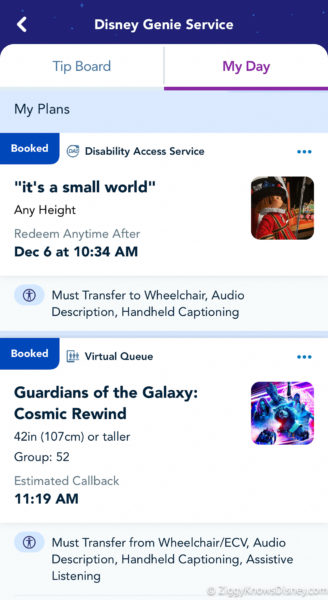 Disability Access Service reservation "it's a small world" and virtual queue Guardians of the Galaxy: Cosmic Rewind