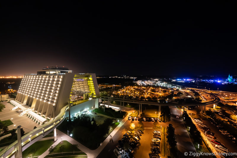 view of Disney's Contemporary Resort from Bay Lake Tower roof at night